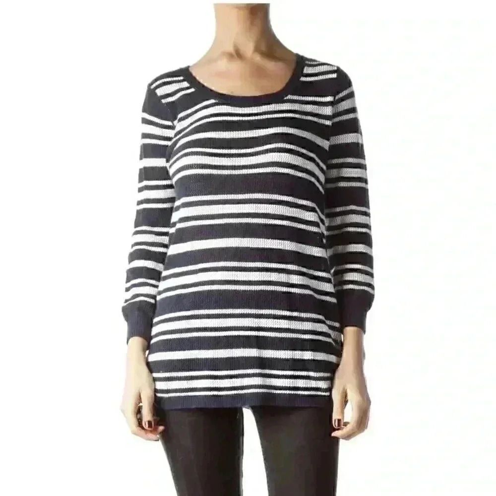 Eddie Bauer: Navy Blue White Striped Stretch Sweater